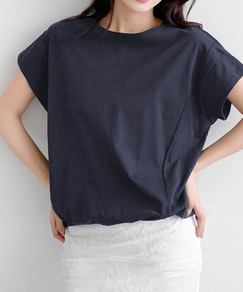 LOWO(ロワ)の「裾ゴムコットン半袖Tシャツ 綿100%(Tシャツ/カットソー・レディース・ホワイト/ネイビー/キャメル/ブラック・FREE)」の13枚目の写真
