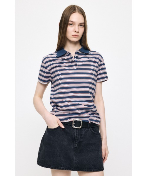 MOUSSY(マウジー)の「STRIPED TINY POLO シャツ(Tシャツ/カットソー・レディース・ピンク/オフホワイト/ネイビー・FREE)」の4枚目の写真