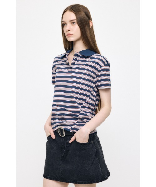 MOUSSY(マウジー)の「STRIPED TINY POLO シャツ(Tシャツ/カットソー・レディース・ピンク/オフホワイト/ネイビー・FREE)」の8枚目の写真