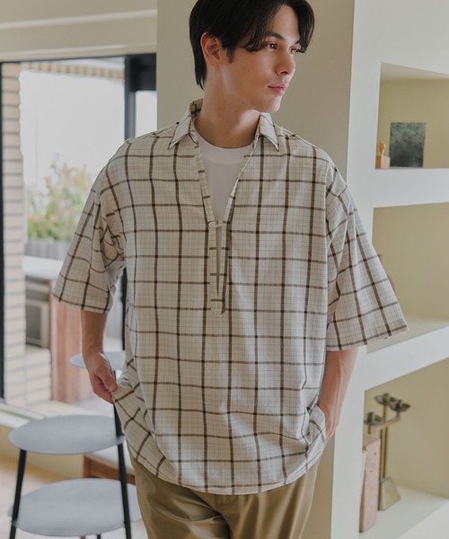 MILITARY(ミリタリー)の「【MAISON CLUB】Skipper Check Shirt / スキッパーチェックシャツ(シャツ/ブラウス・メンズ・ホワイト/ブラウン・M/L)」の4枚目の写真