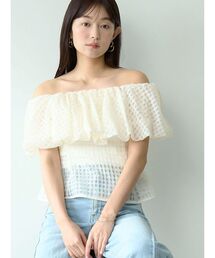 LAGUNAMOON | シアーチェックバルーンオフショルブラウス 【夏服】【半袖】【シアートップス】(シャツ/ブラウス)
