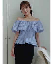 LAGUNAMOON | シアーチェックバルーンオフショルブラウス 【夏服】【半袖】【シアートップス】(シャツ/ブラウス)