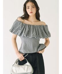 LAGUNAMOON | シアーチェックバルーンオフショルブラウス 【夏服】【半袖】【シアートップス】(シャツ/ブラウス)