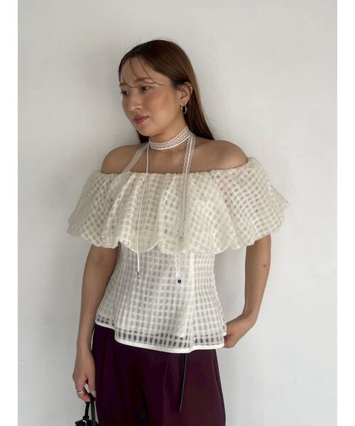 LAGUNAMOON(ラグナムーン)の「シアーチェックバルーンオフショルブラウス 【夏服】【半袖】【シアートップス】(シャツ/ブラウス・レディース・ライトブルー/ブラック/アイボリー・FREE)」の8枚目の写真