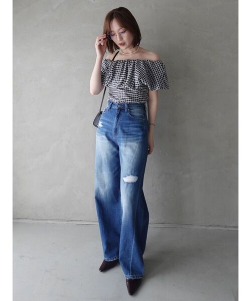 LAGUNAMOON(ラグナムーン)の「シアーチェックバルーンオフショルブラウス 【夏服】【半袖】【シアートップス】(シャツ/ブラウス・レディース・ライトブルー/ブラック/アイボリー・FREE)」の10枚目の写真