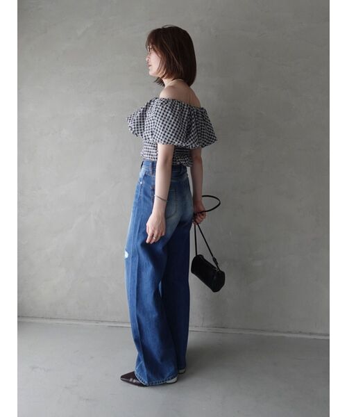 LAGUNAMOON(ラグナムーン)の「シアーチェックバルーンオフショルブラウス 【夏服】【半袖】【シアートップス】(シャツ/ブラウス・レディース・ライトブルー/ブラック/アイボリー・FREE)」の12枚目の写真