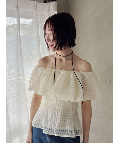 LAGUNAMOON(ラグナムーン)の「シアーチェックバルーンオフショルブラウス 【夏服】【半袖】【シアートップス】(シャツ/ブラウス・レディース・ライトブルー/ブラック/アイボリー・FREE)」の13枚目の写真
