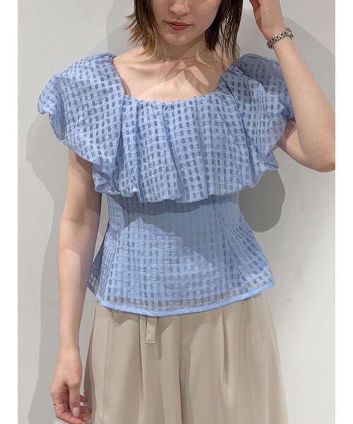 LAGUNAMOON(ラグナムーン)の「シアーチェックバルーンオフショルブラウス 【夏服】【半袖】【シアートップス】(シャツ/ブラウス・レディース・ライトブルー/ブラック/アイボリー・FREE)」の15枚目の写真