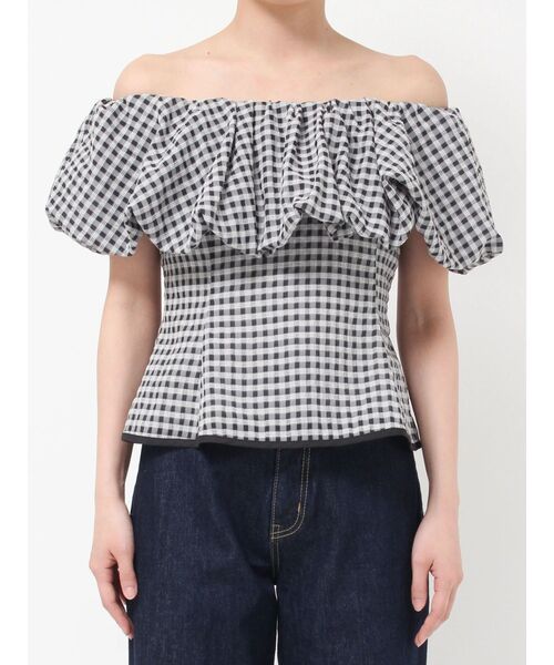 LAGUNAMOON(ラグナムーン)の「シアーチェックバルーンオフショルブラウス 【夏服】【半袖】【シアートップス】(シャツ/ブラウス・レディース・ライトブルー/ブラック/アイボリー・FREE)」の21枚目の写真