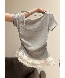 ラインストーン裾レースTシャツ