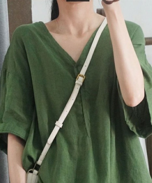 Flugge(フラッジー)の「半袖リネンライクブラウス(シャツ/ブラウス・レディース・グリーン/アイボリー・MEDIUM/LARGE)」の6枚目の写真