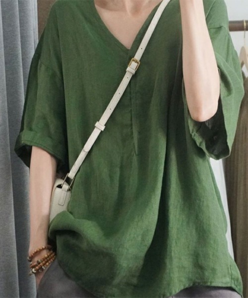 Flugge(フラッジー)の「半袖リネンライクブラウス(シャツ/ブラウス・レディース・グリーン/アイボリー・MEDIUM/LARGE)」の7枚目の写真