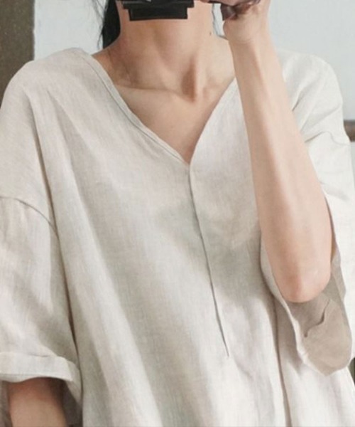 Flugge(フラッジー)の「半袖リネンライクブラウス(シャツ/ブラウス・レディース・グリーン/アイボリー・MEDIUM/LARGE)」の8枚目の写真