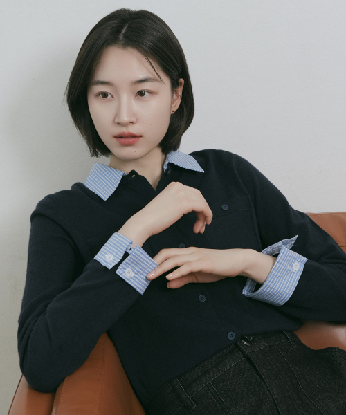 MIND BRIDGE WOMEN（マインドブリッジウーマン）の「[W]シャツミックスフルオープンニット - 3カラー（ニット/セーター・レディース・ネイビー/アイボリー/グレー・55/66）」の7枚目の写真