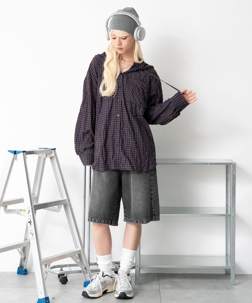 WEGO(ウィゴー)の「WEGO/【26年秋冬新作】フードチェックBIGシャツ(シャツ/ブラウス・レディース・ネイビー/ブラック/ピンク・FREE)」の10枚目の写真