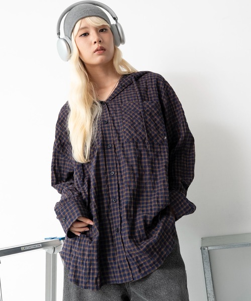 WEGO(ウィゴー)の「WEGO/【26年秋冬新作】フードチェックBIGシャツ(シャツ/ブラウス・レディース・ネイビー/ブラック/ピンク・FREE)」の18枚目の写真