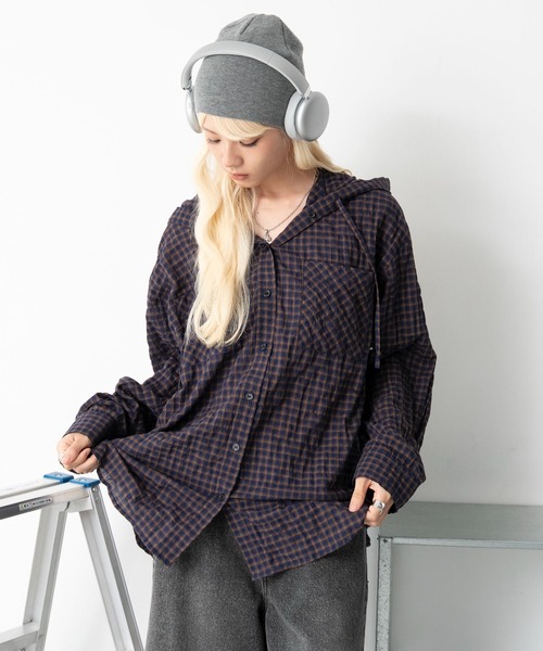 WEGO(ウィゴー)の「WEGO/【26年秋冬新作】フードチェックBIGシャツ(シャツ/ブラウス・レディース・ネイビー/ブラック/ピンク・FREE)」の19枚目の写真