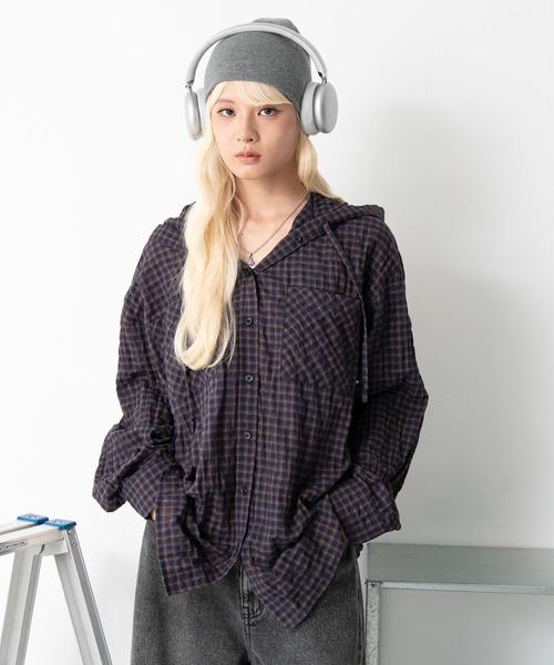 WEGO(ウィゴー)の「WEGO/【26年秋冬新作】フードチェックBIGシャツ(シャツ/ブラウス・レディース・ネイビー/ブラック/ピンク・FREE)」の20枚目の写真