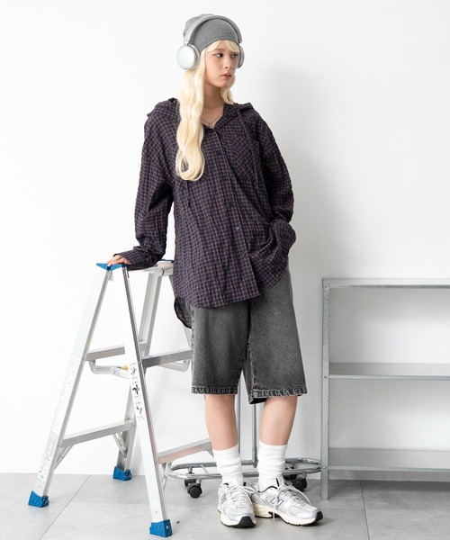 WEGO(ウィゴー)の「WEGO/【26年秋冬新作】フードチェックBIGシャツ(シャツ/ブラウス・レディース・ネイビー/ブラック/ピンク・FREE)」の21枚目の写真