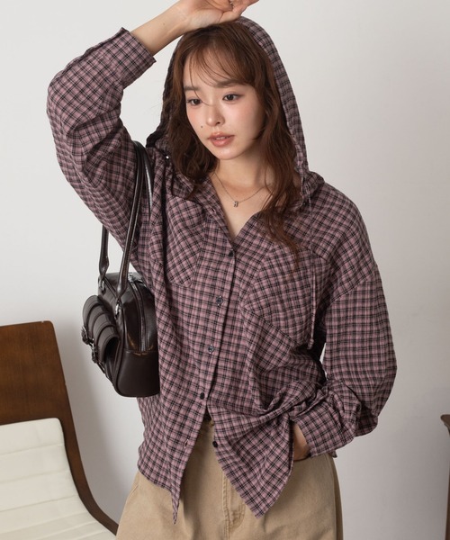 WEGO(ウィゴー)の「WEGO/【26年秋冬新作】フードチェックBIGシャツ(シャツ/ブラウス・レディース・ネイビー/ブラック/ピンク・FREE)」の3枚目の写真