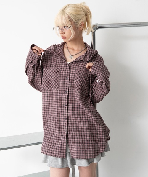 WEGO(ウィゴー)の「WEGO/【26年秋冬新作】フードチェックBIGシャツ(シャツ/ブラウス・レディース・ネイビー/ブラック/ピンク・FREE)」の9枚目の写真