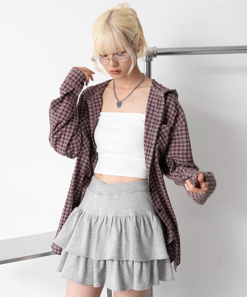 WEGO(ウィゴー)の「WEGO/【26年秋冬新作】フードチェックBIGシャツ(シャツ/ブラウス・レディース・ネイビー/ブラック/ピンク・FREE)」の4枚目の写真