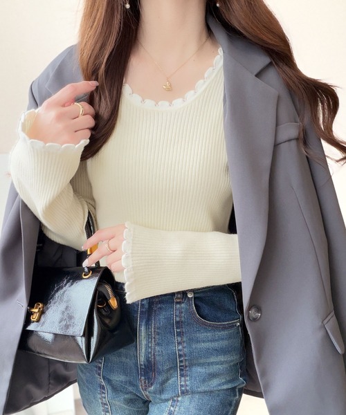 mily bilet(ミウィビレット)の「【mily bilet】すっきりシルエットで華やかに映える♪スカラップデザイン配色ニットトップス(ニット/セーター・レディース・レッド/アイボリー/ブラウン/ブラック・LARGE/MEDIUM/SMALL/X-LARGE)」の11枚目の写真