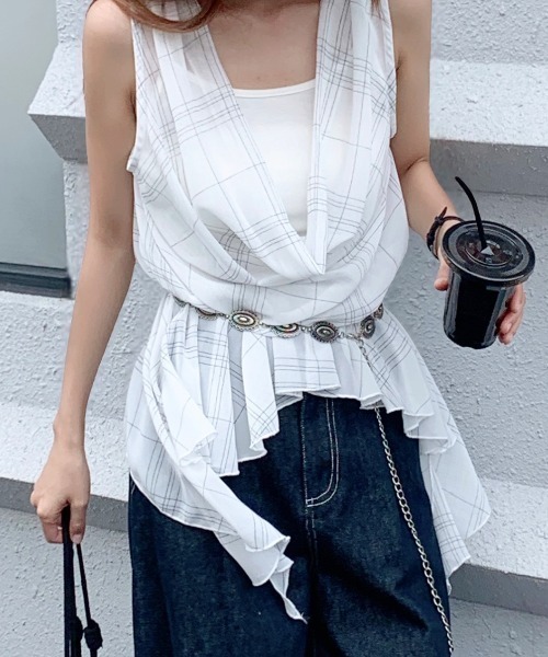 SHEENA(シーナ)の「シアーチェックレイヤードライクドレープトップス(Tシャツ/カットソー・レディース・ネイビー/ホワイト/モカ・M)」の2枚目の写真