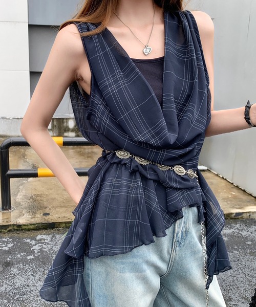 SHEENA(シーナ)の「シアーチェックレイヤードライクドレープトップス(Tシャツ/カットソー・レディース・ネイビー/ホワイト/モカ・M)」の5枚目の写真