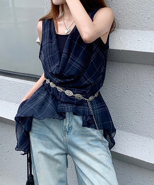 SHEENA(シーナ)の「シアーチェックレイヤードライクドレープトップス(Tシャツ/カットソー・レディース・ネイビー/ホワイト/モカ・M)」の6枚目の写真