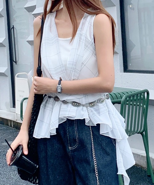 SHEENA(シーナ)の「シアーチェックレイヤードライクドレープトップス(Tシャツ/カットソー・レディース・ネイビー/ホワイト/モカ・M)」の9枚目の写真