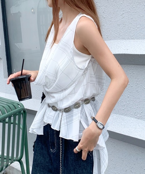 SHEENA(シーナ)の「シアーチェックレイヤードライクドレープトップス(Tシャツ/カットソー・レディース・ネイビー/ホワイト/モカ・M)」の11枚目の写真