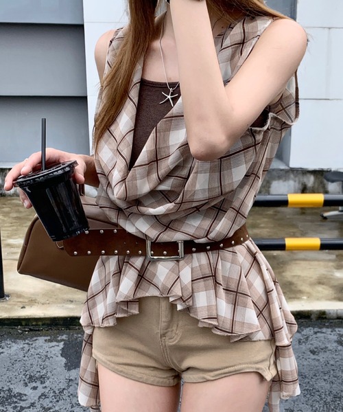 SHEENA(シーナ)の「シアーチェックレイヤードライクドレープトップス(Tシャツ/カットソー・レディース・ネイビー/ホワイト/モカ・M)」の16枚目の写真