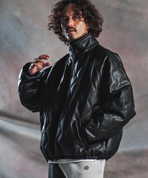 mj11788-Synthetic Leather Wave-Quilted Padded Jacket