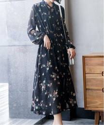 ボタニカルシースルーリボン付き長袖ワンピース