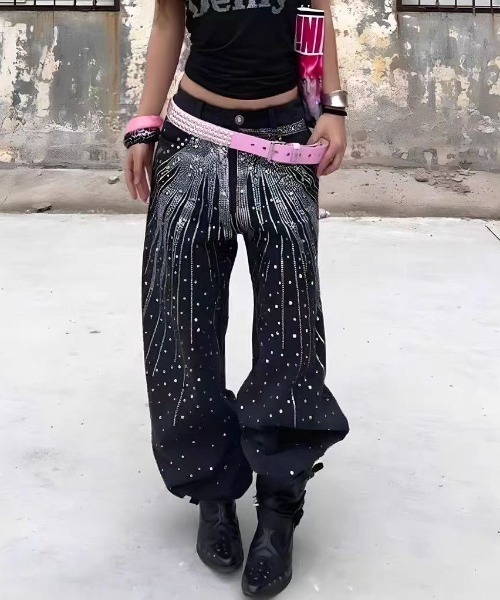 SHERU（シェル）の「放射ラインストーン ブラックワイドデニムパンツ Y2K ストリート（デニムパンツ・レディース・ブラック・M/S/L）」の7枚目の写真