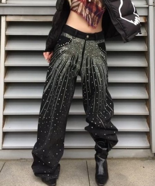 SHERU（シェル）の「放射ラインストーン ブラックワイドデニムパンツ Y2K ストリート（デニムパンツ・レディース・ブラック・M/S/L）」の22枚目の写真