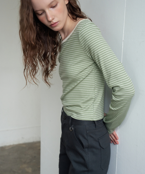 WAARFORWOMAN(ワール・フォー・ウーマン)の「WT-98 ストライプ配色Tシャツ_グリーン(Tシャツ/カットソー・レディース・その他・FREE)」の5枚目の写真