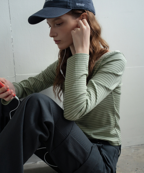 WAARFORWOMAN(ワール・フォー・ウーマン)の「WT-98 ストライプ配色Tシャツ_グリーン(Tシャツ/カットソー・レディース・その他・FREE)」の6枚目の写真