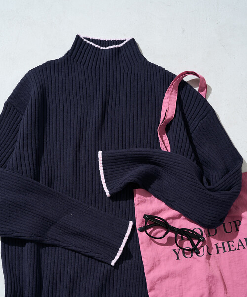 FREAK'S STORE(フリークスストア)の「\累計52,400枚突破/限定展開 配色 ライン リブ ニット ハイネック プルオーバー(ニット/セーター・レディース・レモンイエロー/ナチュラル/オレンジ/ネイビー/ライトグレー/ブルー/ブラウン/グレー/ブラック/オフホワイト・フリ-)」の7枚目の写真
