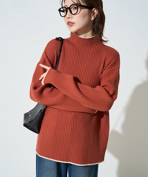 FREAK'S STORE(フリークスストア)の「\累計52,400枚突破/限定展開 配色 ライン リブ ニット ハイネック プルオーバー(ニット/セーター・レディース・レモンイエロー/ナチュラル/オレンジ/ネイビー/ライトグレー/ブルー/ブラウン/グレー/ブラック/オフホワイト・フリ-)」の10枚目の写真
