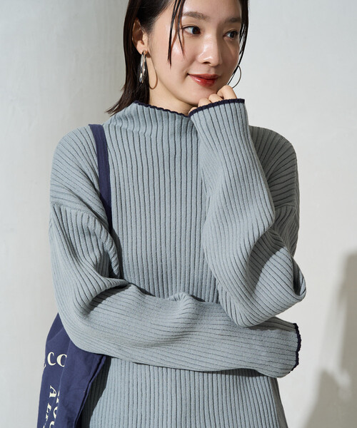 FREAK'S STORE(フリークスストア)の「\累計52,400枚突破/限定展開 配色 ライン リブ ニット ハイネック プルオーバー(ニット/セーター・レディース・レモンイエロー/ナチュラル/オレンジ/ネイビー/ライトグレー/ブルー/ブラウン/グレー/ブラック/オフホワイト・フリ-)」の8枚目の写真