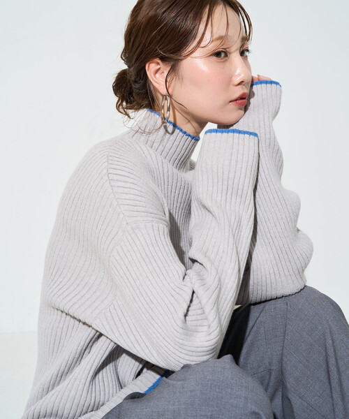 FREAK'S STORE(フリークスストア)の「\累計52,400枚突破/限定展開 配色 ライン リブ ニット ハイネック プルオーバー(ニット/セーター・レディース・レモンイエロー/ナチュラル/オレンジ/ネイビー/ライトグレー/ブルー/ブラウン/グレー/ブラック/オフホワイト・フリ-)」の4枚目の写真
