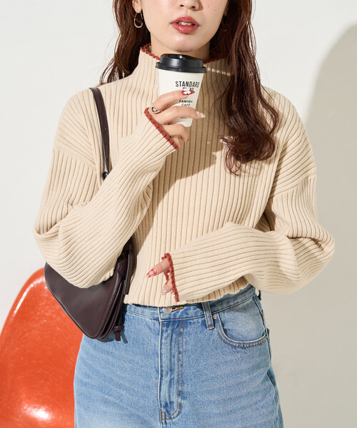 FREAK'S STORE(フリークスストア)の「\累計52,400枚突破/限定展開 配色 ライン リブ ニット ハイネック プルオーバー(ニット/セーター・レディース・レモンイエロー/ナチュラル/オレンジ/ネイビー/ライトグレー/ブルー/ブラウン/グレー/ブラック/オフホワイト・フリ-)」の11枚目の写真