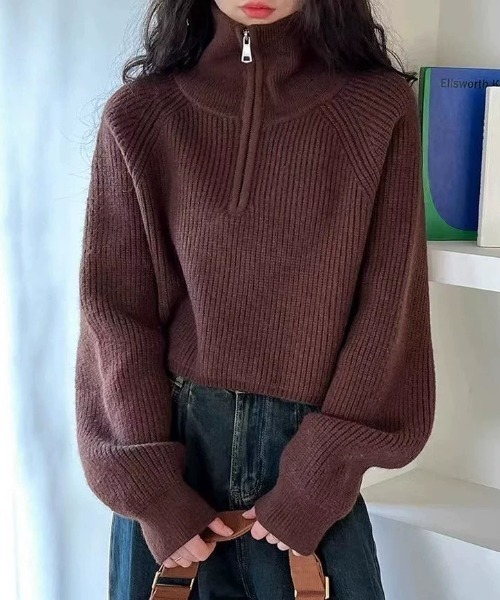 owen(オーウェン)の「リブ編み ハイネックハーフジップニットトップス(ニット/セーター・レディース・グレー/ブラック/レッド/ブラウン/イエロー/ホワイト・FREE)」の5枚目の写真