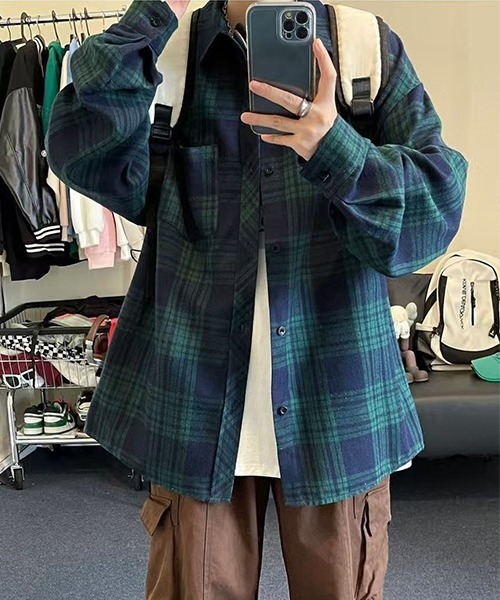 WARAIJOGO(ワライジョウゴ)の「EK198/ルーズシルエットネルチェック長袖シャツ/ネルシャツ/メンズ(NEZ)(シャツ/ブラウス・メンズ・グリーン/イエロー/ブラック・FREE)」の13枚目の写真