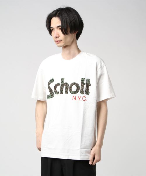 Schott ショット の Schott ショット ショートスリーブ レオパード ロゴtシャツ Tシャツ カットソー Wear