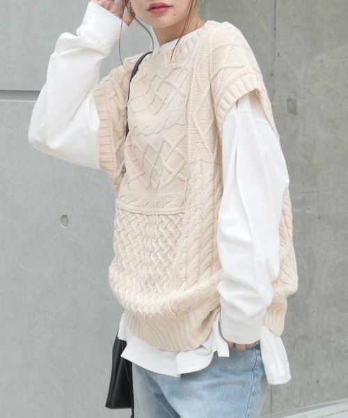 SEEALL パッチワークケーブルニット SEEALL / シーオール】 OVERSIZED PATCHWORK CABLE CREW NECK