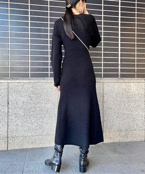 FRAY I.D ロングワンピース ブラック デートコーデ FRAY I.D（フレイアイディー）の「ラッピングニットワンピース