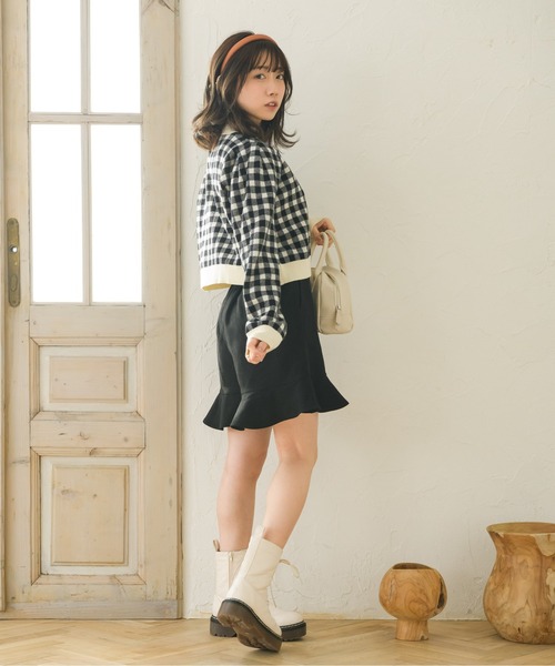 ems excite（エムズエキサイト）の「チェックショートカーデ（カーディガン/ボレロ・レディース・ブラック/オレンジ/グリーン・FREE）」の4枚目の写真